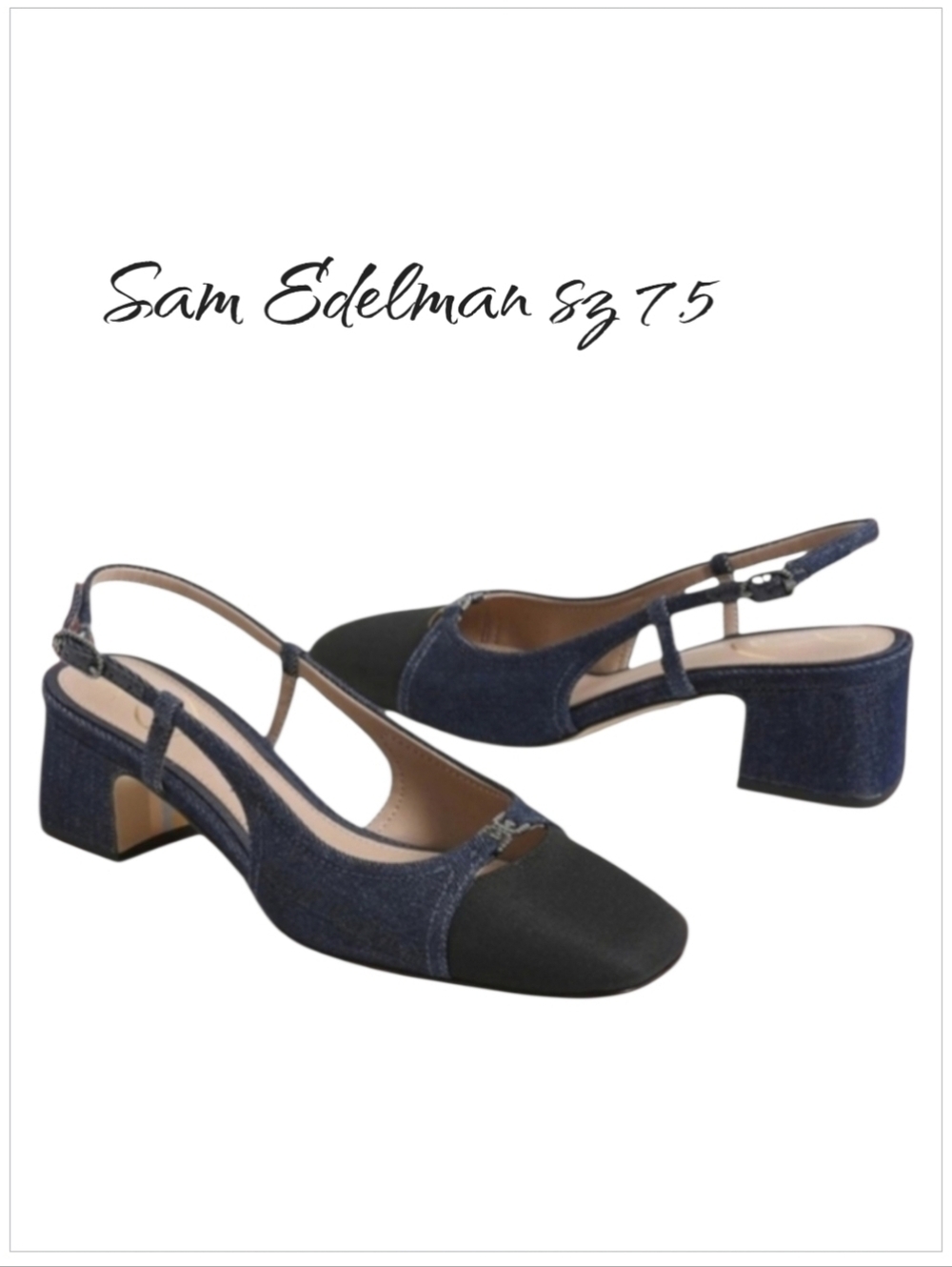 NWT Sam Edelman Black/ Blue Denim Block Heels Shoes sz 7.5